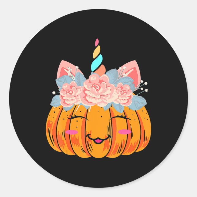 Fun Halloween Thanksgiving Cute Unicorn Pumpkin Co Classic Round Sticker (Front)