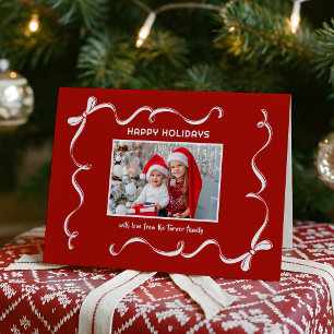 Fun Hand Drawn Christmas Ribbon Photo on Red BG Holiday Card