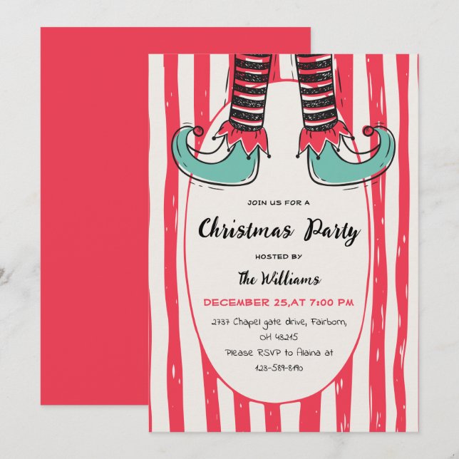Fun Hand Drawn Elf Sock Christmas Party Invitation (Front/Back)