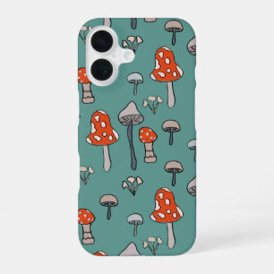 Fun, hand drawn mushrooms on bright blue backgroun iPhone 16 case