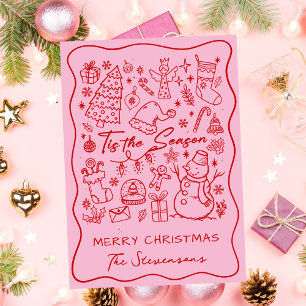Fun Hand Drawn Red on Pink Folded Photo Christmas  Holiday Card