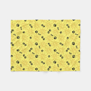 Fun Hand Drawn Sunshine Black Paws Over Yellow Fleece Blanket