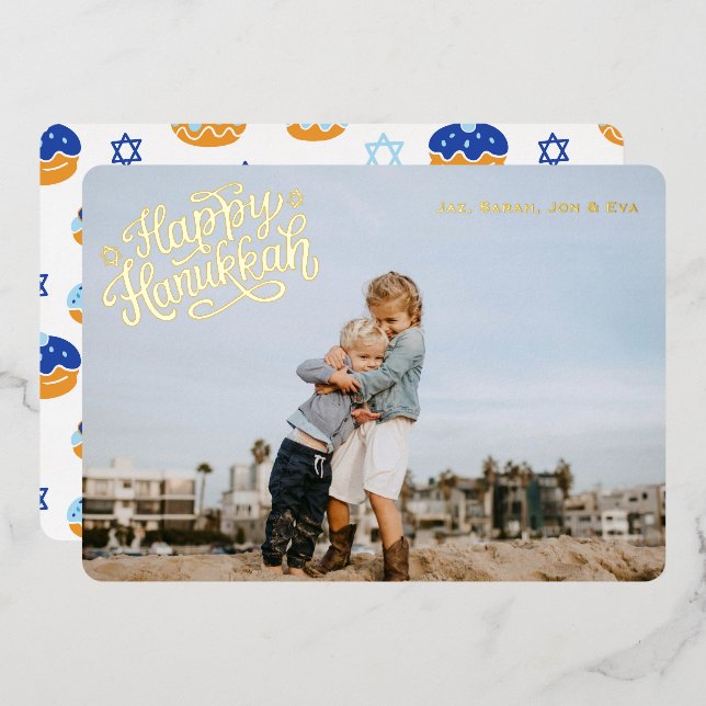 Fun Hanukkah Stars & Jelly Doughnut Patterned Gold Foil Holiday Card (Front/Back)