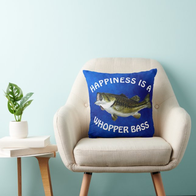 Fun "Happiness Is" Largemouth Bass on Blue Throw Pillow (Chair)