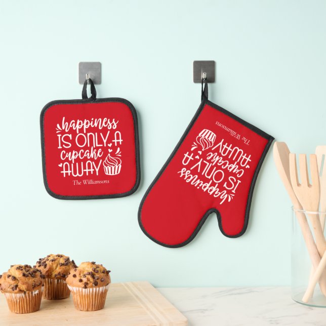 Fun Happiness Is Only A Cupcake Away Red White Oven Mitt & Pot Holder Set (Insitu(Hanging))