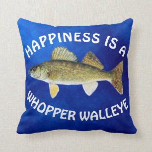 Fun "Happiness Is" Walleye Pike on Blue Throw Pillow