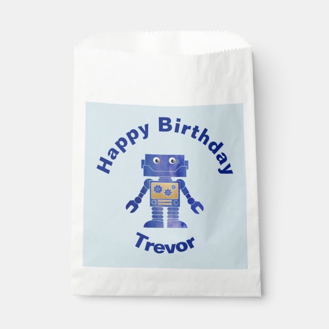 Fun Happy Birthday Blue and Gold Robot with Name Favour Bag (Front)
