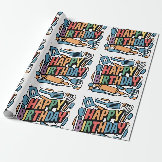 Fun Happy Birthday for Cooks Abstract  Wrapping Paper (Unrolled)