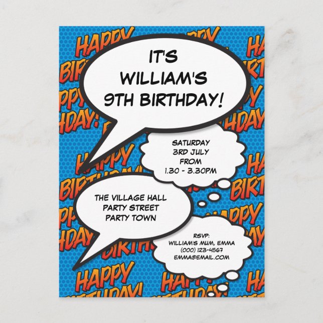Fun Happy Birthday Party Modern Blue Comic Invitation Postcard (Front)