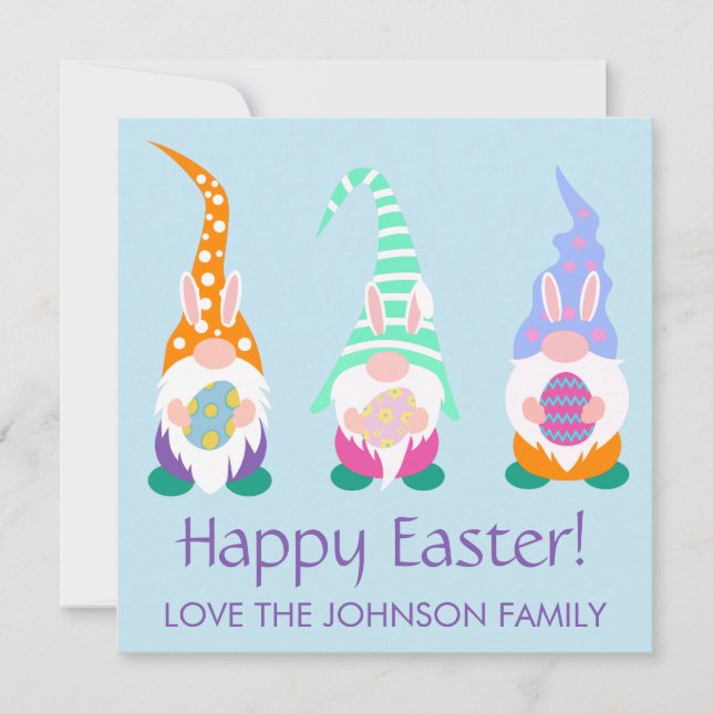 Fun Happy Easter Gnomes Spring Colours Personalize Holiday Card (Front)