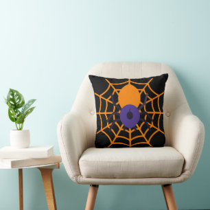 Fun Happy Halloween Black &  Orange Spider Web Throw Pillow