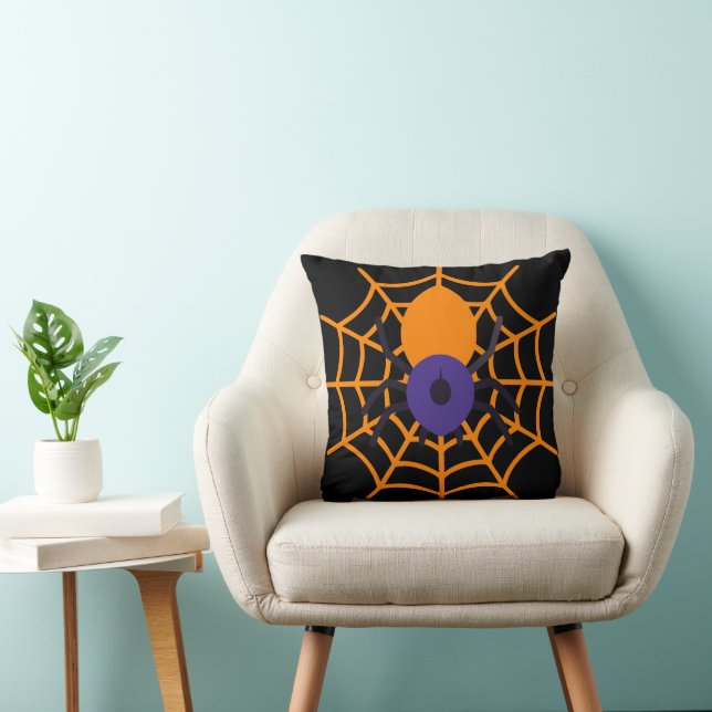 Fun Happy Halloween Black &  Orange Spider Web Throw Pillow (Chair)