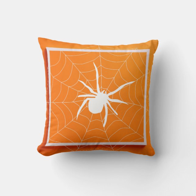 Fun Happy Halloween Black &  Orange Spider Web Throw Pillow (Front)