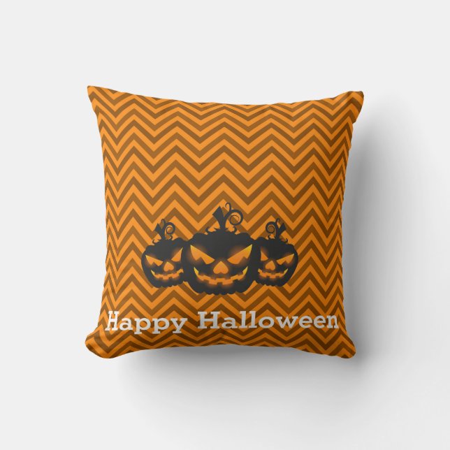 Fun Happy Halloween Chevron Pattern with Pumpkin Throw Pillow (Front)