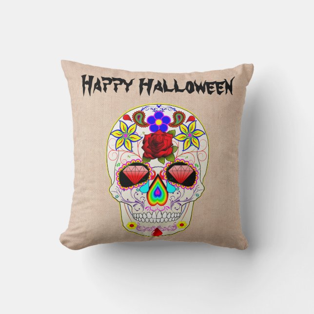 Fun Happy Halloween Floral Sugar Skull Throw Pillow (Front)