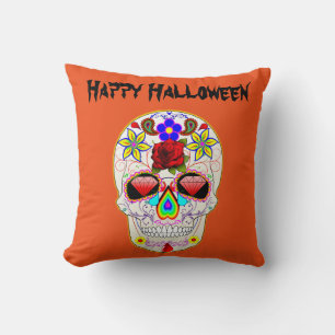 Fun Happy Halloween Floral Sugar Skull Throw Pillow