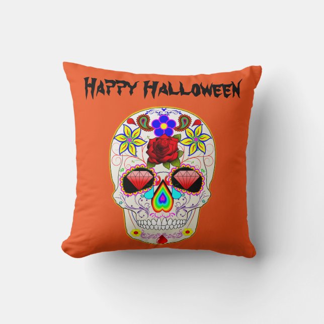 Fun Happy Halloween Floral Sugar Skull Throw Pillow (Front)
