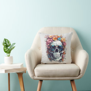 Fun Happy Halloween Floral Sugar Skull Trick Treat Throw Pillow