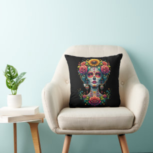 Fun Happy Halloween Floral Sugar Skull Trick Treat Throw Pillow