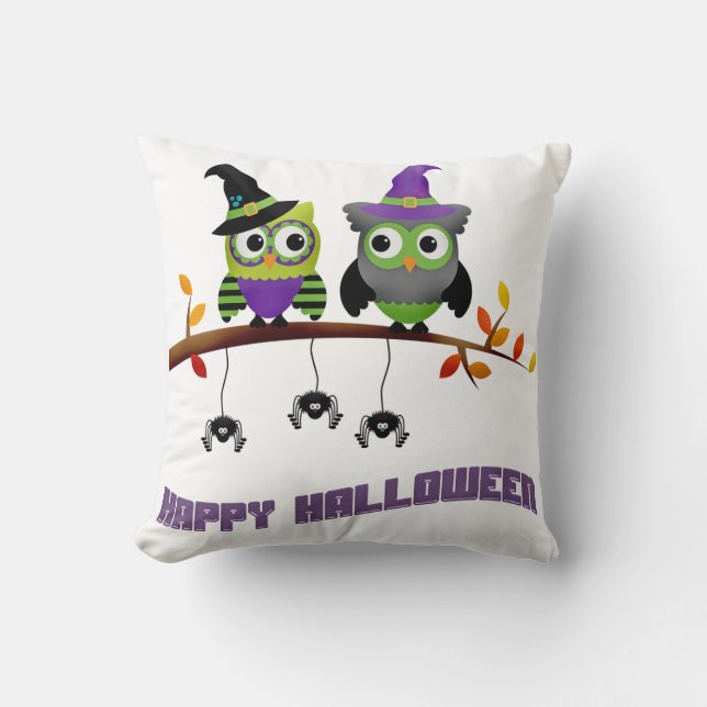 Fun Happy Halloween Pair of Owl with Spiders Throw Pillow (Front)