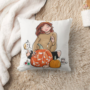 Fun Happy Halloween Pumpkin Cat Throw Pillow