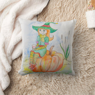 Fun Happy Halloween Pumpkin Crow Throw Pillow
