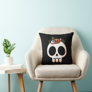 Fun Happy Halloween Skull Throw Pillow