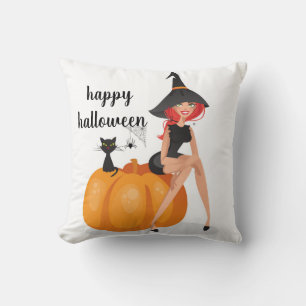 Fun Happy Halloween Spider Web Witch Pumpkin Cat Throw Pillow