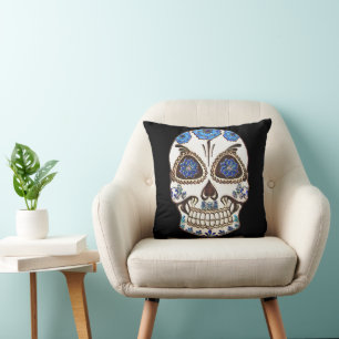 Fun Happy Halloween Sugar Skull Throw Pillow
