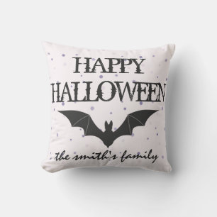 Fun Happy Halloween Trick or Treat Bat Burlap Throw Pillow