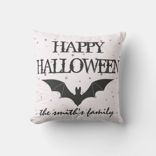Fun Happy Halloween Trick or Treat Bat Burlap Throw Pillow (Front)