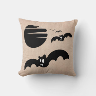 Fun Happy Halloween Trick or Treat Bats Burlap Throw Pillow