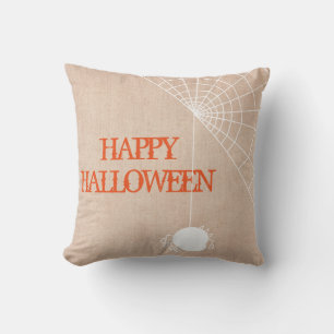 Fun Happy Halloween Trick or Treat Spider with Web Throw Pillow