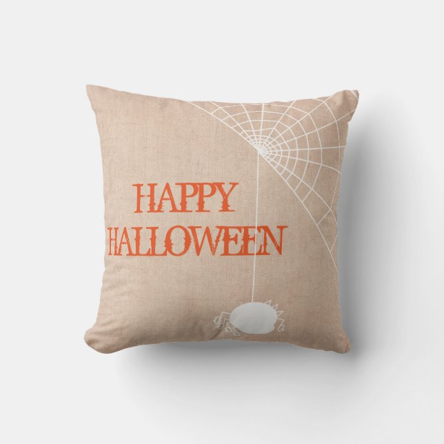 Fun Happy Halloween Trick or Treat Spider with Web Throw Pillow (Front)