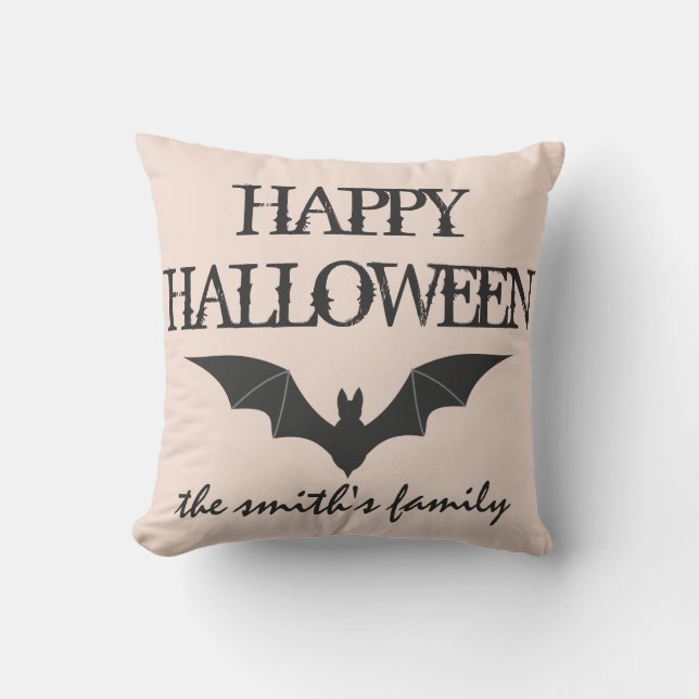 Fun Happy Halloween Trick or Treat with Bat Throw Pillow (Front)