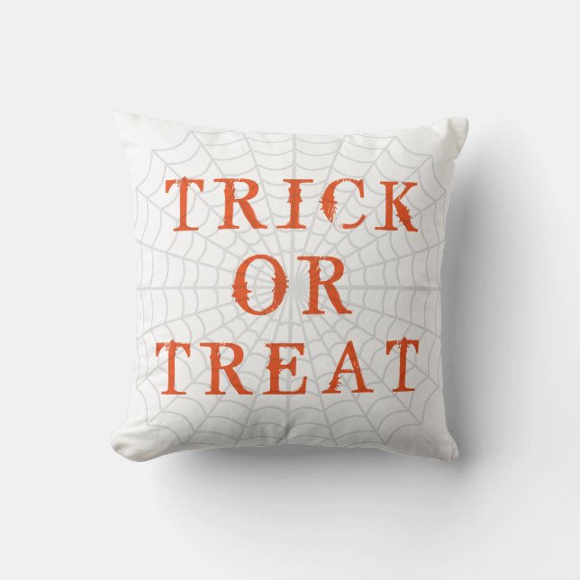 Fun Happy Halloween Trick or Treat with Spider Web Throw Pillow (Front)
