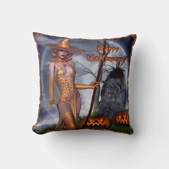Fun Happy Halloween Witch Throw Pillow (Front)