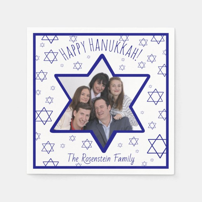 Fun Happy Hanukkah Blue & White Photo Napkin (Front)