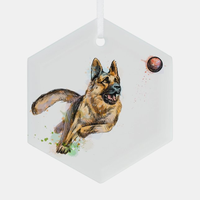 Fun Happy Playing Ball German Shepherd Dog Art Glass Ornament (Back)
