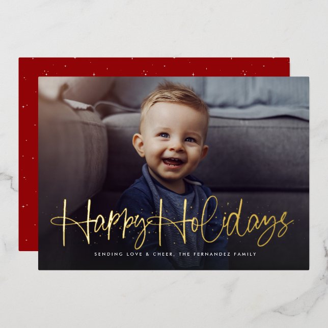 Fun happy script simple one photo red foil holiday card (Front/Back)