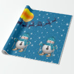 Fun Happy Skiing Snowman Wrapping Paper<br><div class="desc">A teal & dark blue snowy star background with  a skiing snowman design to match many other fun holiday party products</div>