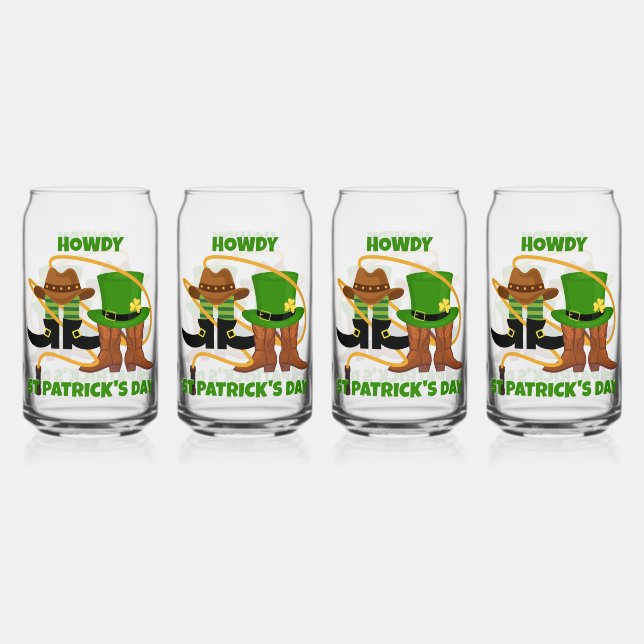Fun Happy St Patricks Day HOWDY Cowboy  Can Glass (Front)