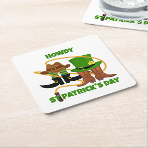 Fun Happy St Patricks Day HOWDY DIA DUIT Cowboy  Square Paper Coaster