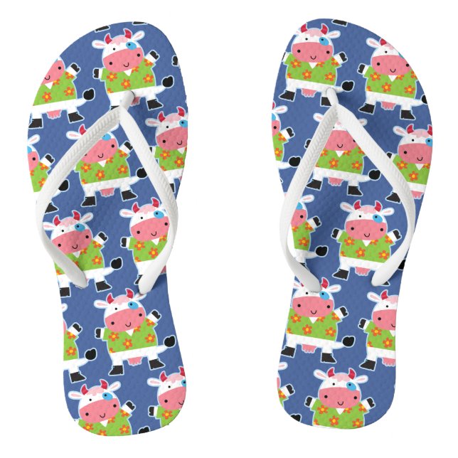 Fun Hawaiian Shirt Cartoon Cow Flip Flops (Footbed)