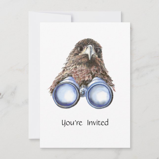 Fun Hawk Binoculars Birdwatching Birthday Invite (Front)