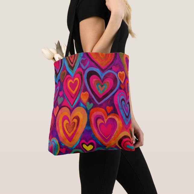 Fun Heart Pattern Hot Pink Mix Tote Bag (Close Up)