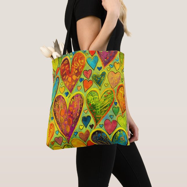 Fun Heart Pattern Yellow Mix Tote Bag (Close Up)