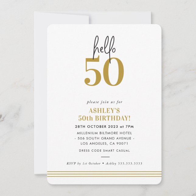 FUN hello 50 modern 50th birthday party mustard Invitation (Front)