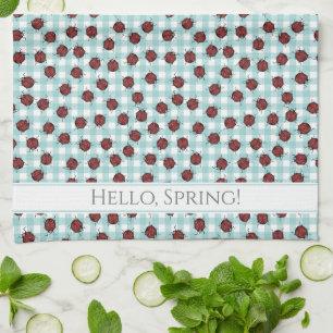 Fun Hello Spring Green Gingham Handdrawn Ladybugs Kitchen Towel