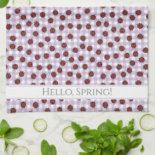 Fun Hello Spring Green Gingham Handdrawn Ladybugs  Kitchen Towel